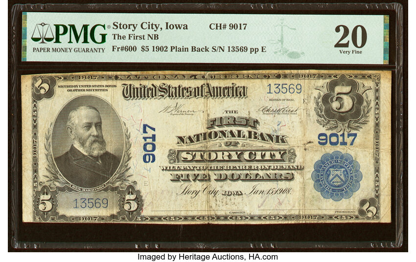image for: Story City, IA - $5 1902 Plain Back Fr. 600 The First National Bank Ch. # 9017 PMG Very Fine 20....