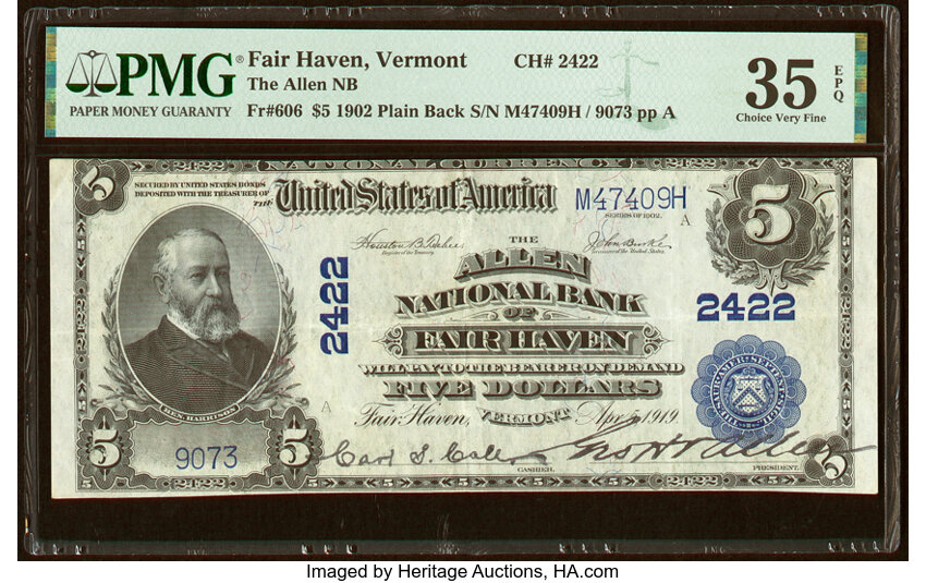 image for: Fair Haven, VT - $5 1902 Plain Back Fr. 606 The Allen National Bank Ch. # 2422 PMG Choice Very Fine 35 EPQ....