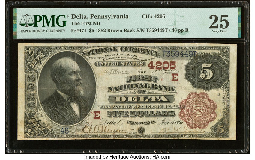 image for: Delta, PA - $5 1882 Brown Back Fr. 471 The First National Bank Ch. # (E)4205 PMG Very Fine 25....