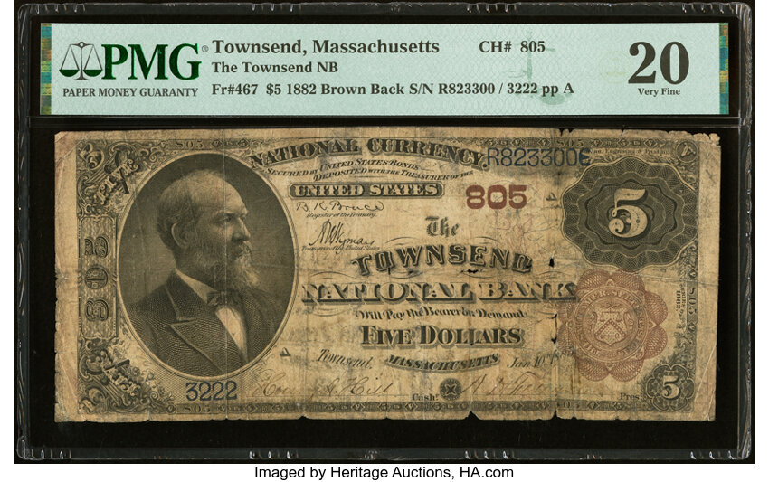 image for: Townsend, MA - $5 1882 Brown Back Fr. 467 The Townsend National Bank Ch. # 805 PMG Very Fine 20....