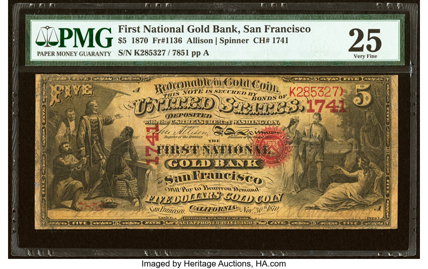 image for: San Francisco, CA - $5 1870 Fr. 1136 The First National Gold Bank Ch. # 1741 PMG Very Fine 25....