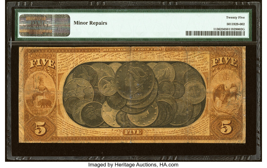 image for: San Francisco, CA - $5 1870 Fr. 1136 The First National Gold Bank Ch. # 1741 PMG Very Fine 25....