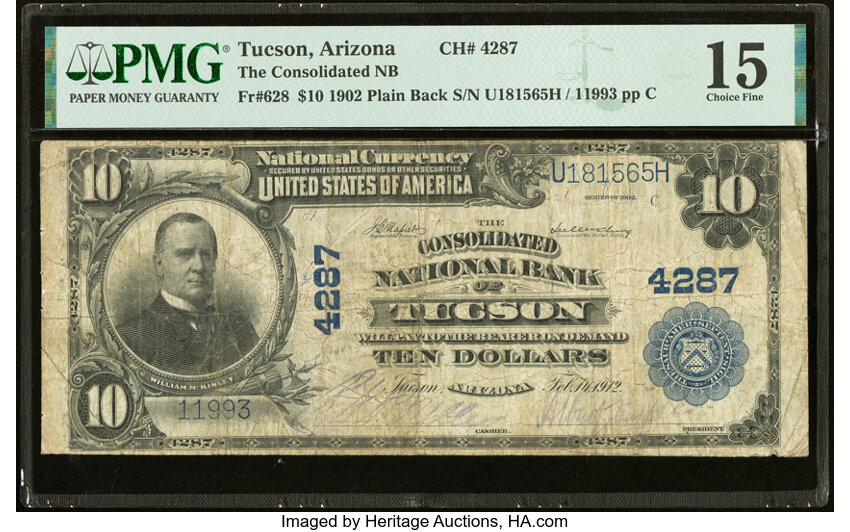image for: Tucson, AZ - $10 1902 Plain Back Fr. 628 The Consolidated National Bank Ch. # 4287 PMG Choice Fine 15....