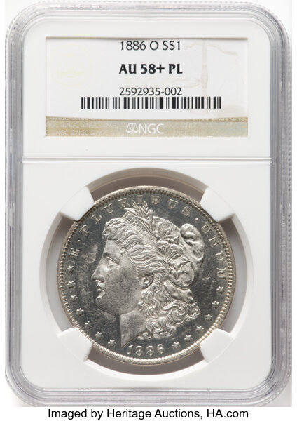 image for: 1886-O $1 AU58+ Prooflike NGC. NGC Census: (16/15 and 1/0+).  Mintage 10,710,000. ...