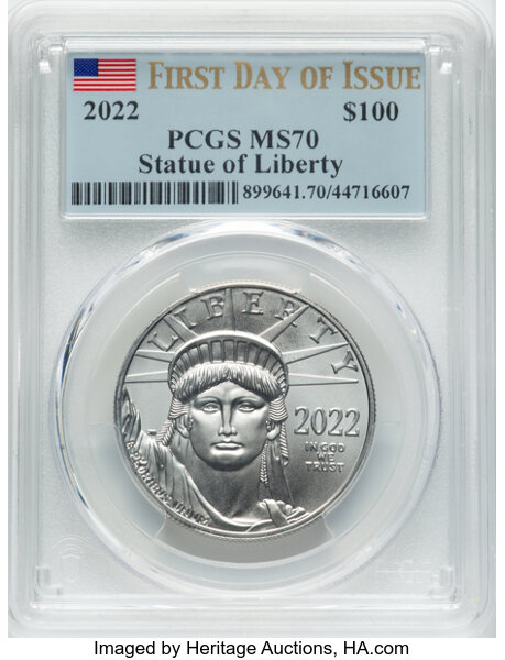 image for: 2022 $100 One-Ounce Platinum Eagle, Statue of Liberty, First Day of Issue, MS70 PCGS.  ...