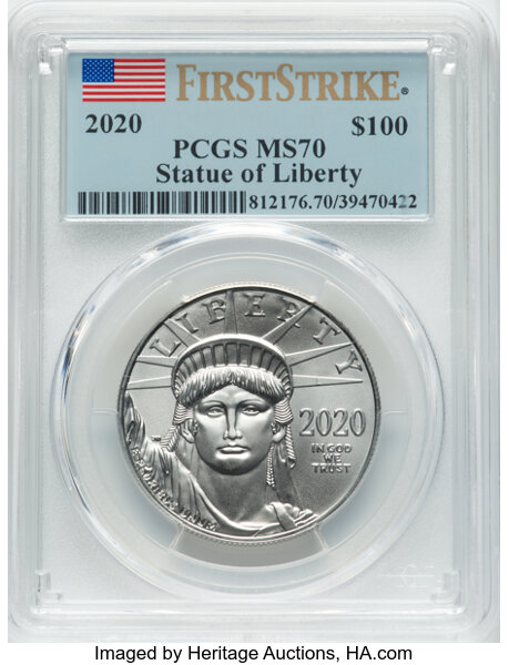 image for: 2020 $100 One Ounce Statue of Liberty, First Strike MS70 PCGS.  ...