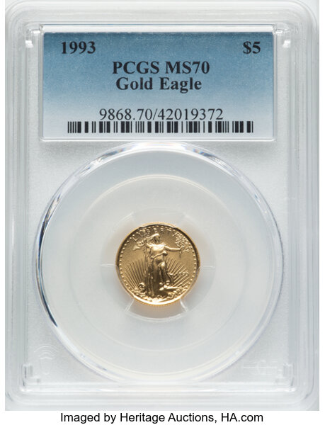 image for: 1993 $5 Tenth-Ounce Gold Eagle MS70 PCGS.  ...
