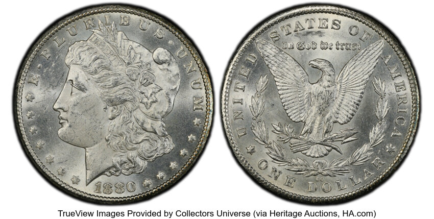 image for: 1880-CC $1 8 Over Low 7, VAM-6, MS63 PCGS....