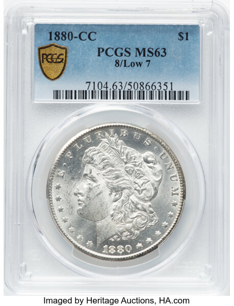 image for: 1880-CC $1 8 Over Low 7, VAM-6, MS63 PCGS....
