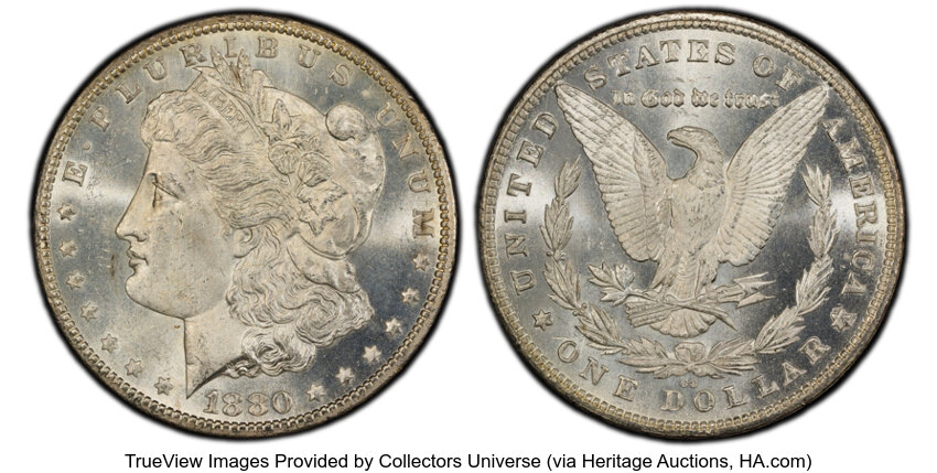 image for: 1880-CC $1 8 Over High 7, VAM-5, MS63 PCGS. Ex: Trader Bea. A Top 100 Variety. CDN: $690 Whsle. Bid for NGC/PCGS MS63....