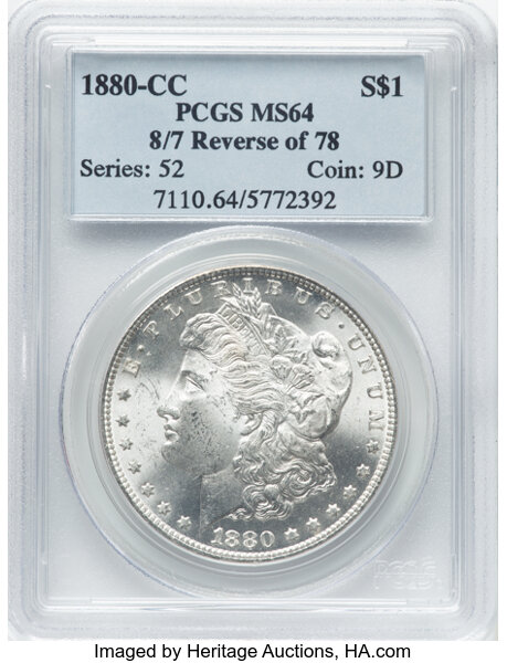 image for: 1880-CC $1 8/7 Reverse of 1878, VAM-7, MS64 PCGS. A Hit List 40 Variety....