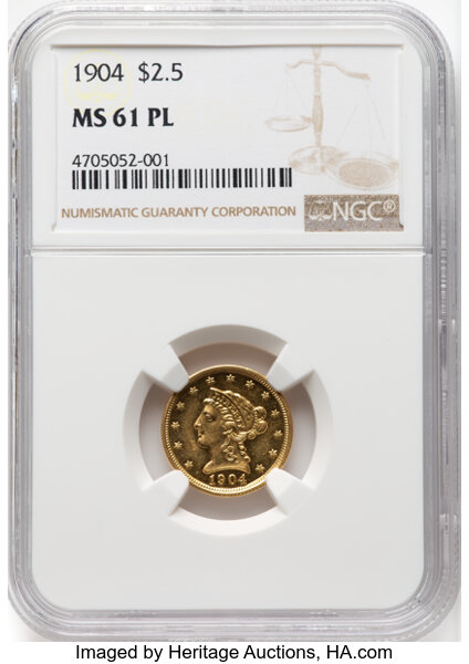 image for: 1904 $2 1/2 MS61 Prooflike NGC. NGC Census: (6/21).  Mintage 160,700. ...