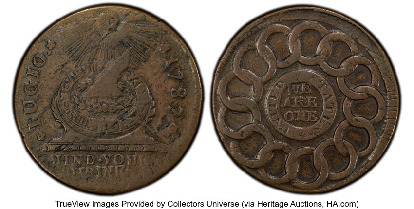 image for: 1787 Fugio Cent, UNITED STATES, 4 Cinquefoils, Pointed Rays, N. 15-H, W-6890, R.4, VF25 PCGS....