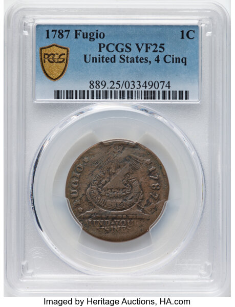 image for: 1787 Fugio Cent, UNITED STATES, 4 Cinquefoils, Pointed Rays, N. 15-H, W-6890, R.4, VF25 PCGS....