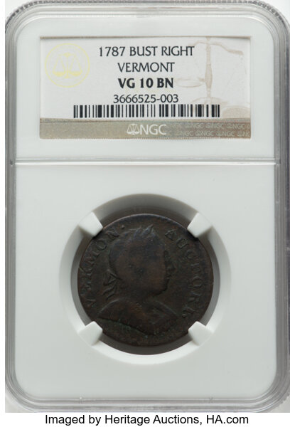 image for: 1787 Vermont Copper, Bust Right, RR-14, Bressett 10-K, W-2105, R.3, VG10 Brown NGC....