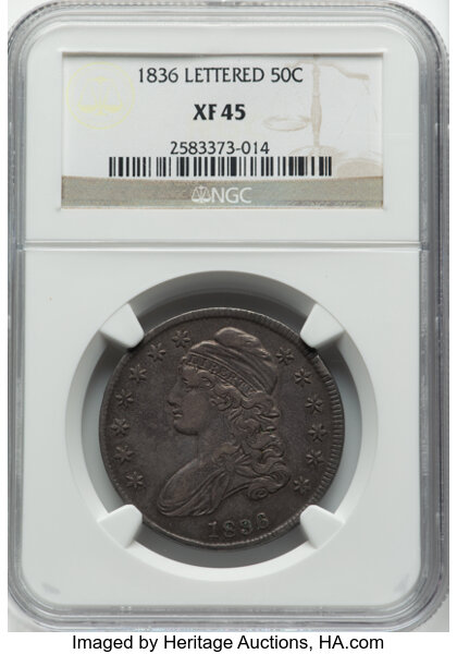 image for: 1836 50C Lettered Edge, O-103, Low R.4, XF45 NGC.  Mintage 6,545,000....
