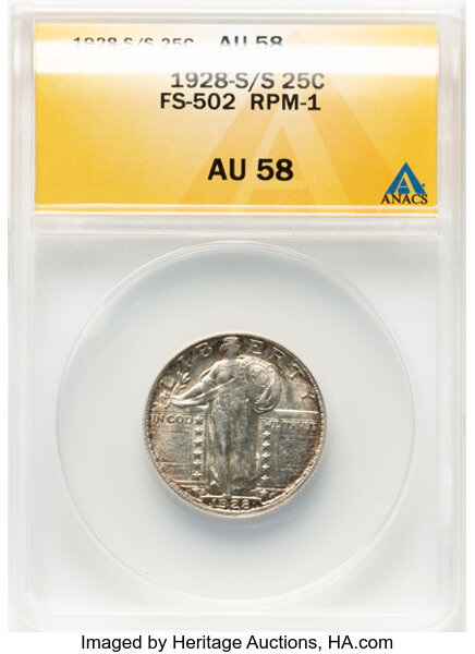image for: 1928-S/S 25C Repunch Mintmark - 1, FS-502, AU58 ANACS....