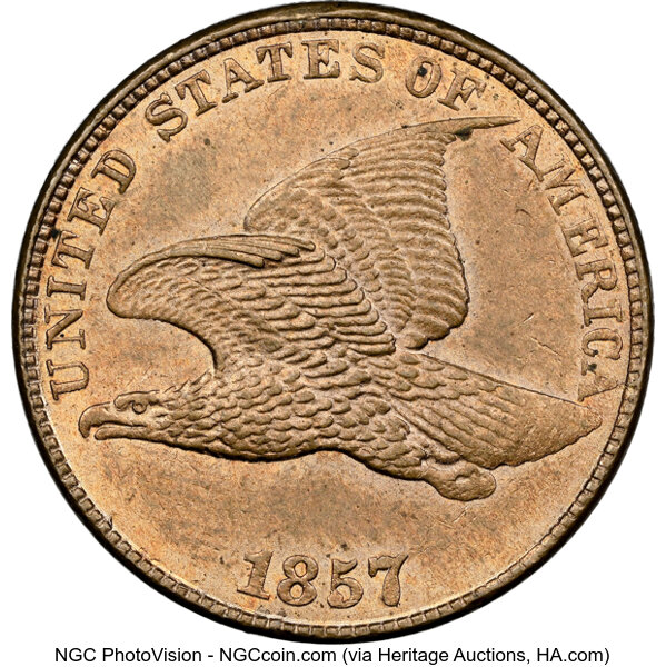 image for: 1857 1C Eagle, Obverse of 1856, Snow-2, FS-401b, MS64 NGC.  Mintage 17,450,000....