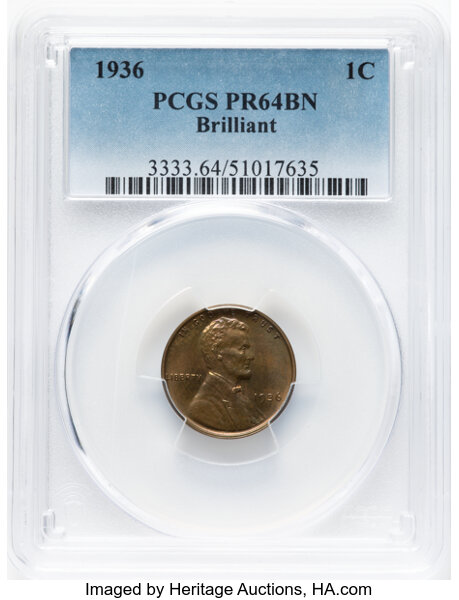 image for: 1936 1C Type Two--Brilliant Finish PR64 Brown PCGS. PCGS Population: (8/2).  Mintage 5,569. ...