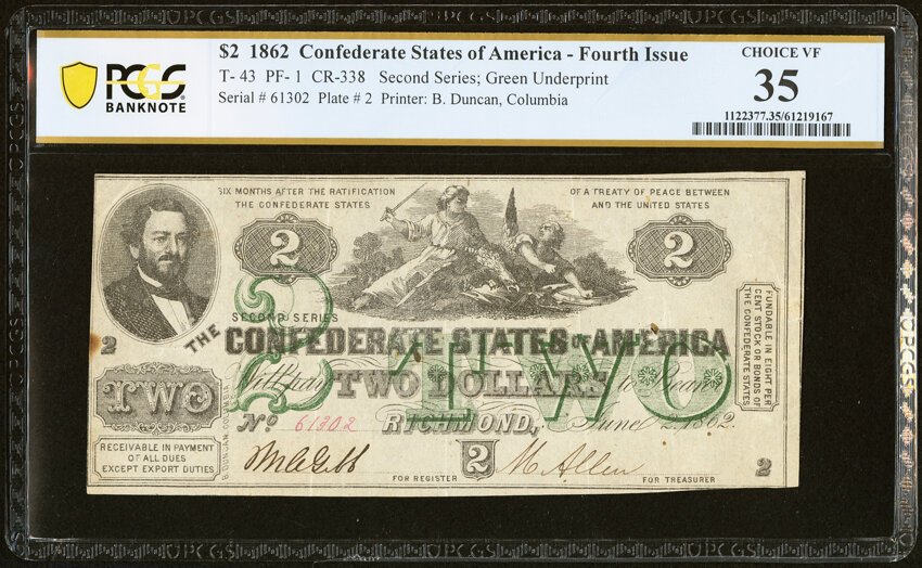 image for: T43 $2 1862 PF-1 Cr. 338 PCGS Banknote Choice VF 35....