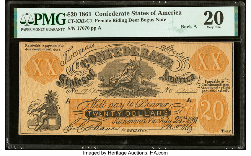 image for: CTXX-1/C1 $20 1861 Female Riding Deer Bogus Note PMG Very Fine 20....