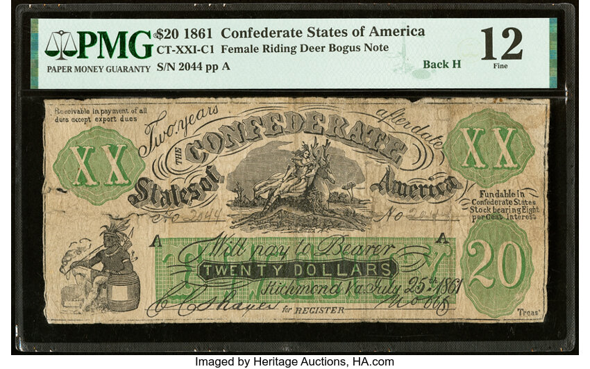 image for: CTXX-1/C1 $20 1861 Female Riding Deer Bogus Note PMG Fine 12....
