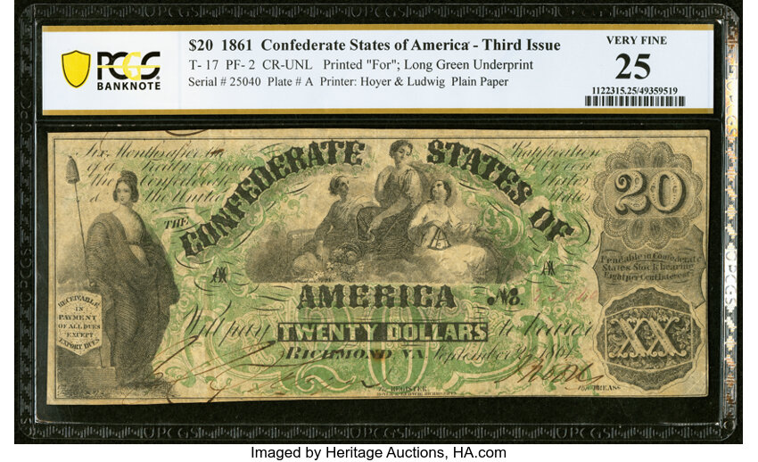 image for: T17 $20 1861 PF-2 Cr. UNL PCGS Banknote Very Fine 25....