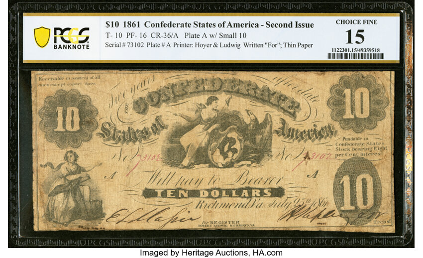 image for: T10 $10 1861 PF-16 Cr. 36 PCGS Banknote Choice Fine 15....