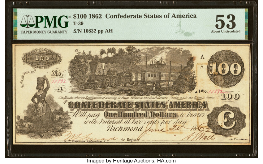 thumbnail for: 1862 Straight White Steam  $100  PMG AU53 (Fr. T39)