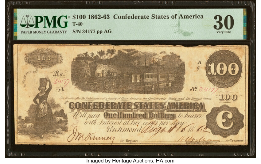 image for: "Re-Issued Houston, TX" T40 $100 1862 PF-1 Cr. 300 PMG Very Fine 30....