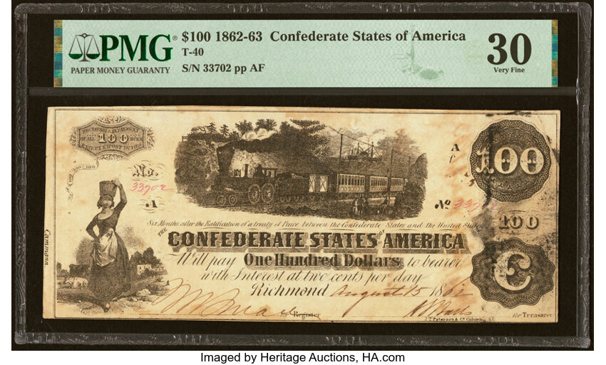 image for: Military Endorsement "Charles Russell [Maj.] QM CSPA" T40 $100 1862 PF-1 Cr. 300 PMG Very Fine 30....