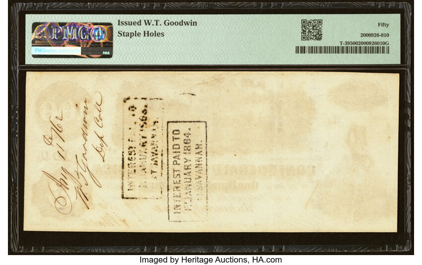 image for: Agent Endorsement "W.T. Goodwin Dep. Coll." T39 $100 1862 PF-4 Cr. 293 PMG About Uncirculated 50....