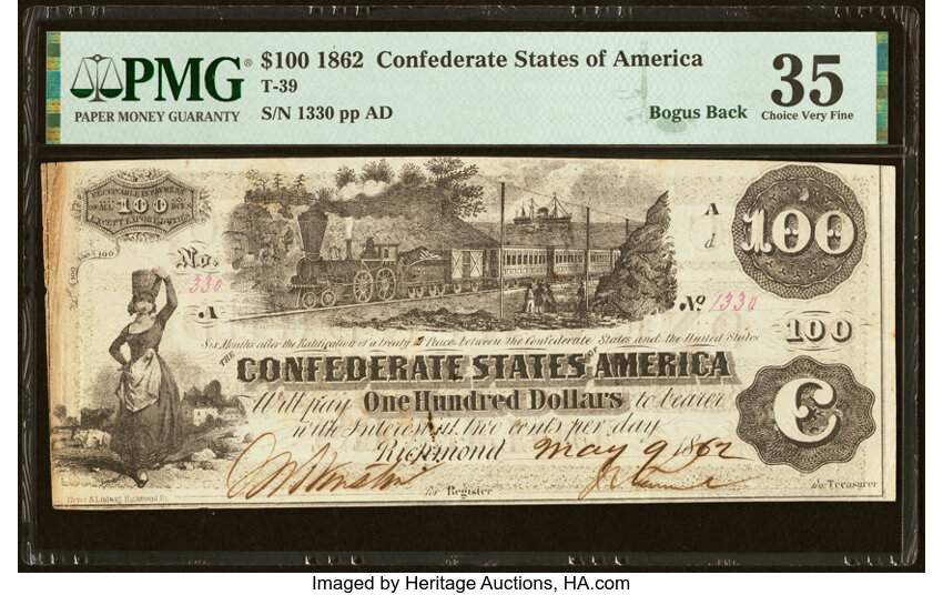 image for: "Bogus Back" T39 $100 1862 PF-2 Cr. UNL PMG Choice Very Fine 35....