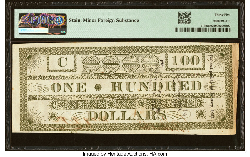 image for: "Bogus Back" T39 $100 1862 PF-2 Cr. UNL PMG Choice Very Fine 35....