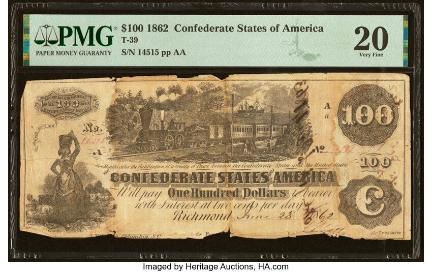 image for: "Uncertain Endorsement" T39 $100 1862 PF-5 Cr. 291 PMG Very Fine 20....