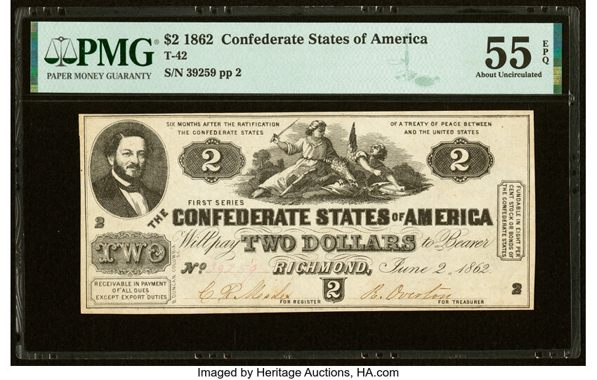 image for: T42 $2 1862 PF-1 Cr. 334 PMG About Uncirculated 55 EPQ....