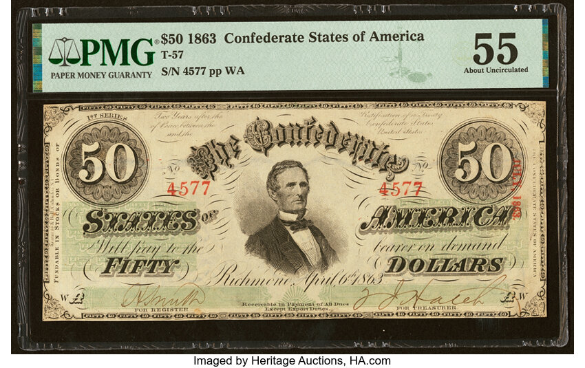 image for: T57 $50 1863 PF-15 Cr. UNL PMG About Uncirculated 55....