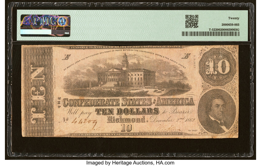 image for: Inverted Back Error T52 $10 1862 PF-3IB Cr. UNL PMG Very Fine 20....