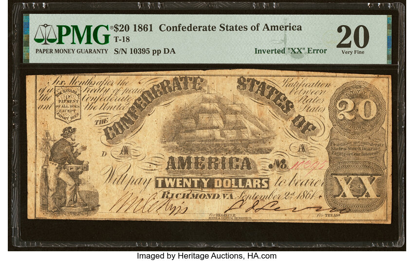 image for: Inverted XX Error T18 $20 1861 PF-5 Cr. 109 PMG Very Fine 20....