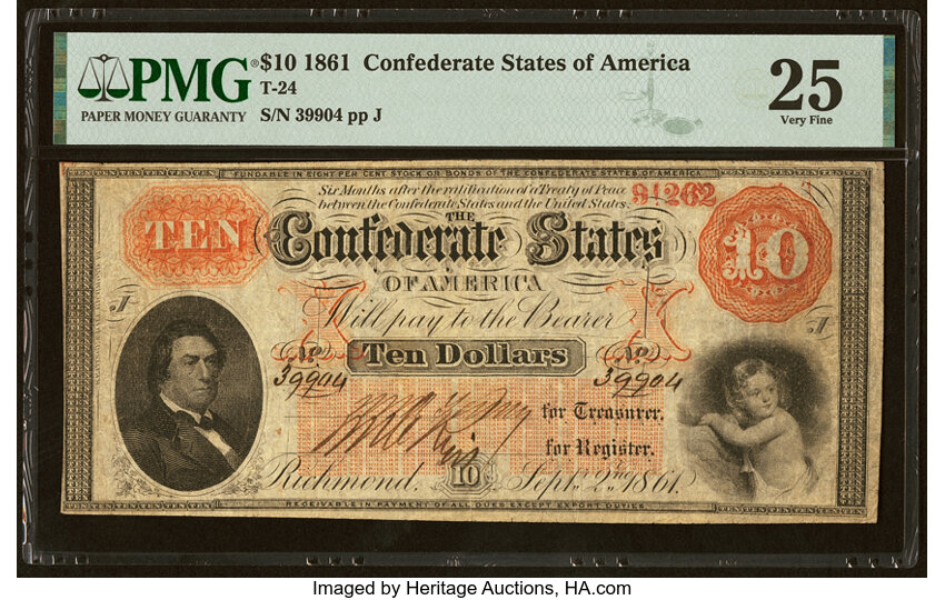 image for: Red 91262 Validation Stamp T24 $10 1861 PF-1 Cr. 156 PMG Very Fine 25....