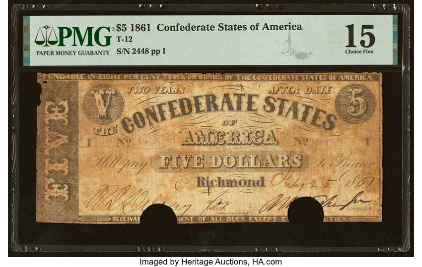 image for: T12 $5 1861 PF-1 Cr. 49 PMG Choice Fine 15....