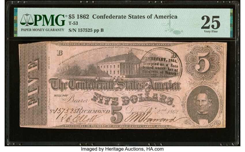 image for: Black Circular February Trans-Mississippi Stamp T53 $5 1862 PF-13 Cr. 388 PMG Very Fine 25....