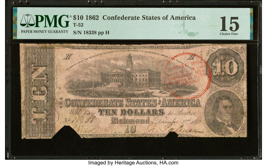 image for: Red Circular February Trans-Mississippi Stamp T52 $10 1862 PF-21 Cr. 375 PMG Choice Fine 15....