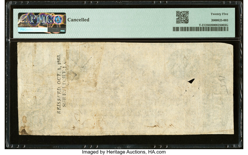 image for: 1863 Shreveport Re-issue Stamp T21 $20 1861 PF-3 Cr. 145 PMG Very Fine 25....