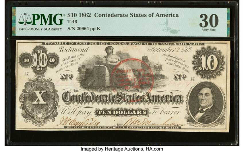 image for: Red Circular February Trans-Mississippi Stamp T46 $10 1862 PF-1 Cr. 344 PMG Very Fine 30...