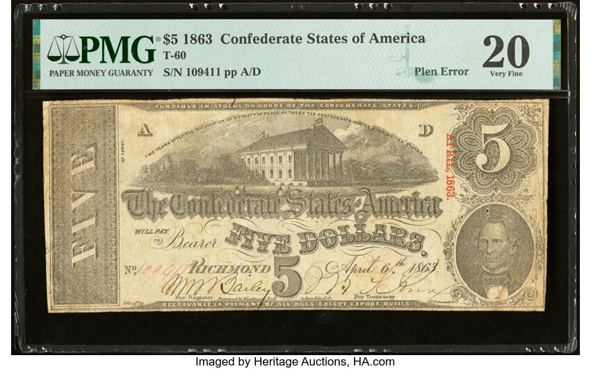 image for: A-D Plate Letter Mismatch Error T60 $5 1863 PF-6 Cr. 451 PMG Very Fine 20....