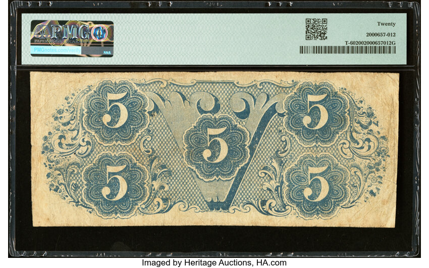 image for: A-D Plate Letter Mismatch Error T60 $5 1863 PF-6 Cr. 451 PMG Very Fine 20....