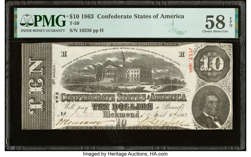 image for: T59 $10 1863 PF-29 Cr. UNL PMG Choice About Unc 58 EPQ....
