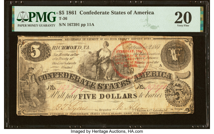 image for: Red Circular February Trans-Mississippi Stamp T36 $5 1861 PF-4 Cr. 278 PMG Very Fine 20....