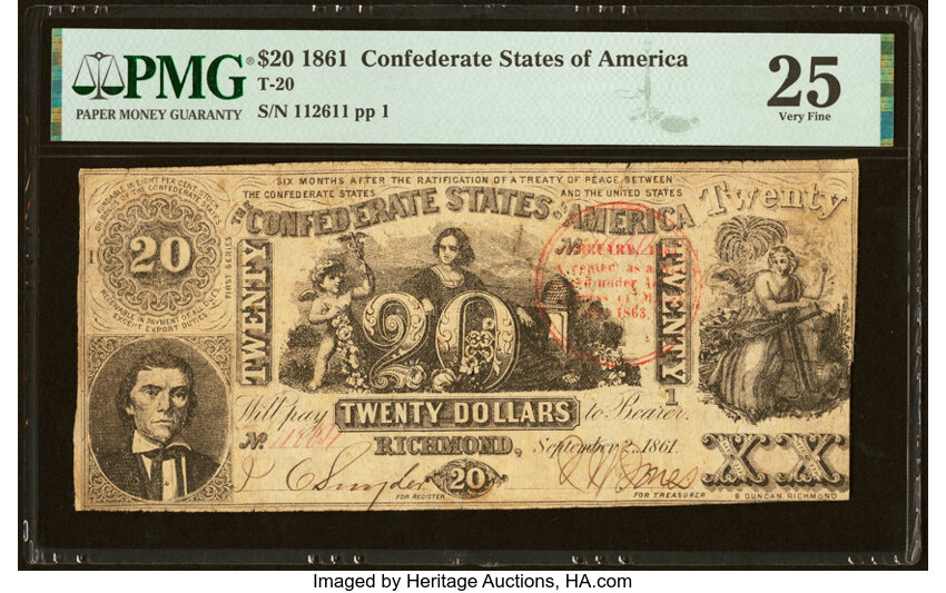 image for: Red Circular February Trans-Mississippi Stamp T20 $20 1861 PF-1 Cr. 139 PMG Very Fine 25....